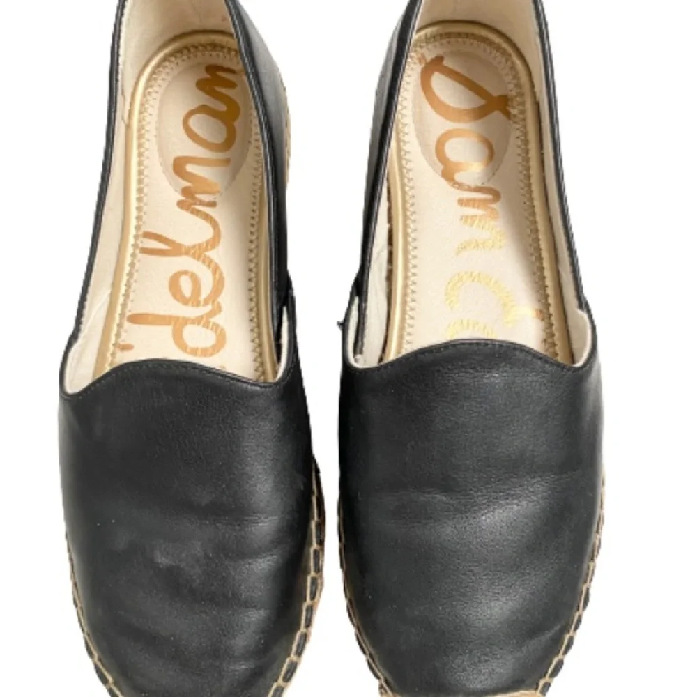 Sam Edelman Espadrilles Womens 8 Black Leather Jute Trim Slip On‎ Flats Shoes